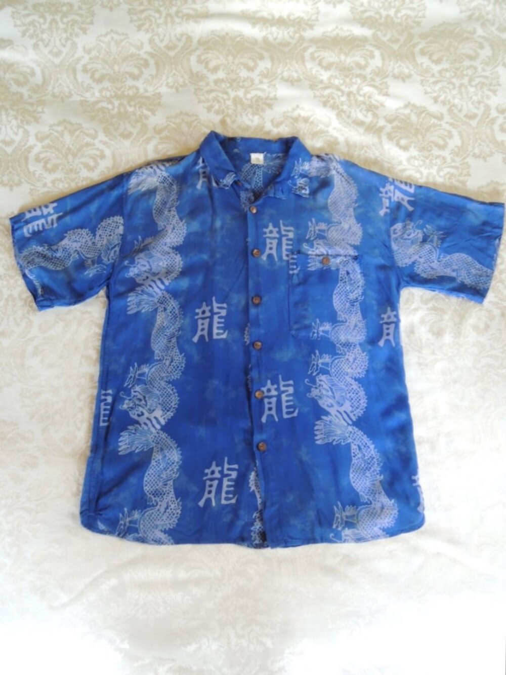 Vintage Bali Blue & White Dragon Batik Print Shirt XL